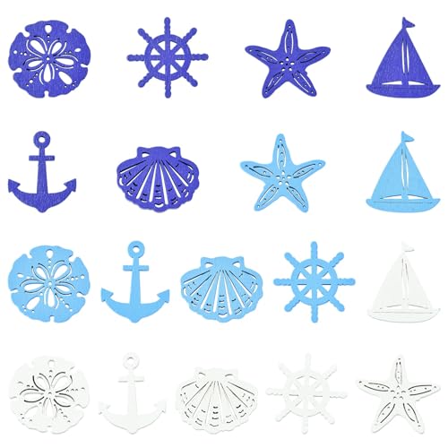 Ipotkitt 100pcs Ocean Theme Wooden Cutouts, Unfinished Nautical Wood Slices for DIY Crafts, Scrapbooking & Party Decorations, 6 Designs 3 Colors Random Mix - color: Ocean Theme Wooden Cutouts_100pcs