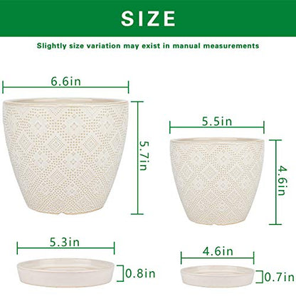 Docrin Ceramic Plant Pots Indoor, 6.6 + 5.5 Inch Planters with Drainage Holes and Saucer for Home/Office - Set of 2 /White - color: Creamy-white
