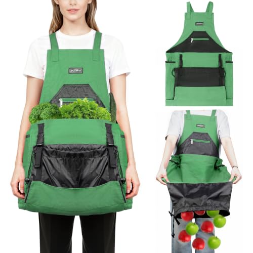 Garden Apron,Harvest Aprons with Drawstring Bag and Pockets for Women and Men,Canvas Fruit Picking Apron - color: Green