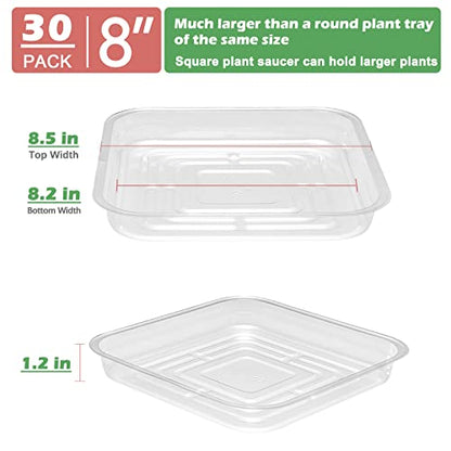 30 Pack Plant Saucers for Indoors 8 Inches Plant Trays for Pots Plastic Trays for Plants Square Plant Drip Trays for Potted Plants Flower Pot Saucers Clear Plant Plates to Catch Water, Bulk - size: 8 Inches