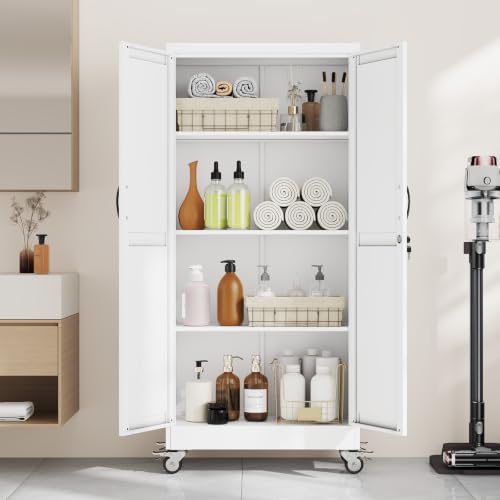 erosoe 61" H Metal Garage Storage Cabinet, Rolling Tool Cabinet with 2 Doors and Wheels, Locker Steel Cabinet with 3 Adjustable Shelves, Organization Cabinet for Garage,Office,Home,Gym,School - color: White, size: 61" CasLck-M