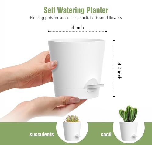 WSMKSZ 4 inch Self Watering Pots for Indoor Outdoor Plants, 6 Pack Plastic Flower Planters with Drainage Holes and Removable Saucers, Plant Pots with Wicking Rope, Modern Decor, White - color: White, size: 4inch 6pcs