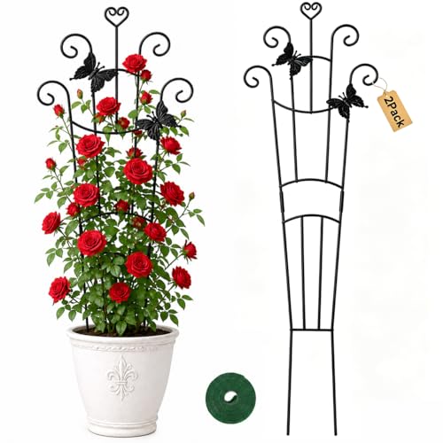 KINGLAKE Taller Plant Trellis for Climbing Plants Indoor Outdoor - 2 Pack 32.7 Inch Expandable Metal Garden Trellis for Potted Climbing Plants Support Flower Vine Ivy Monstera Houseplant with Tape - color: Black