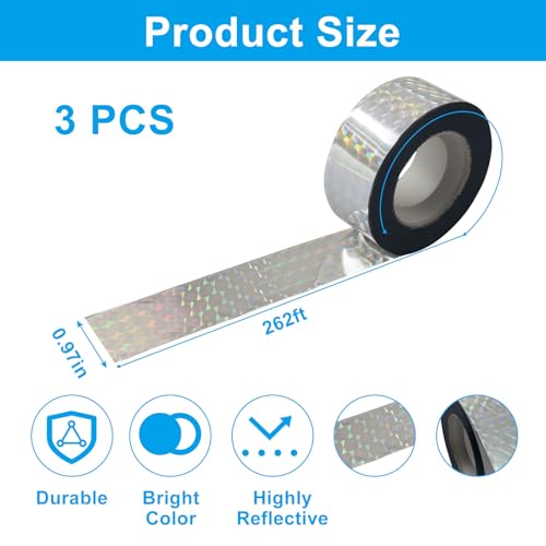Jiozermi Bird Scare Tape Ribbon, 3 Pcs 262 Ft, Laser Silver - color: Laser Silver, size: 1 Inch x 262 Ft