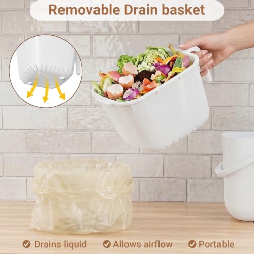 5.4L Kitchen Food Waste Bin with Lid & Handles, Indoor Compost Bucket Includes Inner Bucket Liner, White - color: White