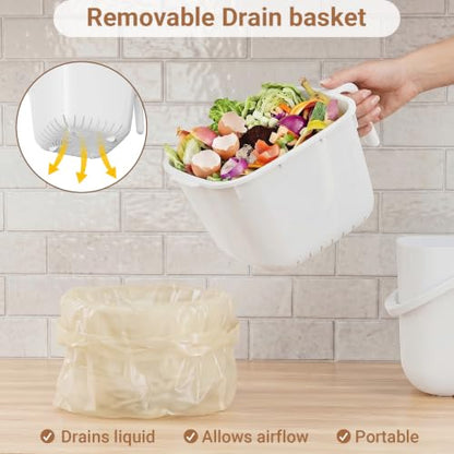 5.4L Kitchen Food Waste Bin with Lid & Handles, Indoor Compost Bucket Includes Inner Bucket Liner, White - color: White