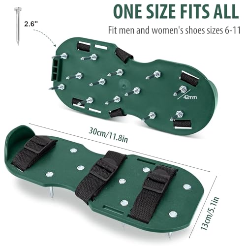 Lawn Aerator Spike Shoes, Green, Heavy Duty Spiked Soles with Straps, One Size Fits All Men Women Shoes 6-11, 11.8x5 Inch, Quick Installation Garden Tool