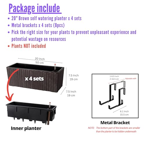 LaLaGreen Deck Railing Planter Box (20 Inch, 4 Pack) Brown Rectangular Window Flower Boxes with Bracket, Self Watering System Hanging Planter Box for Outdoor Plant Container Herb Rail Fence Balcony - color: Brown X 4