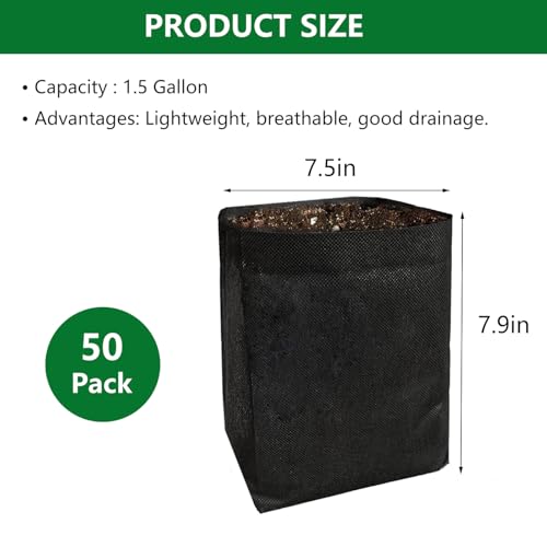 Belit 1.5 Gallon Plant Nursery Bags, 50 Pcs Non-Woven Grow Bags for Vegetable, Flower, Starting saplings - size: 1.5 Gallon /50Pcs