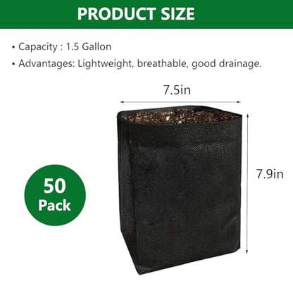 Belit 1.5 Gallon Plant Nursery Bags, 50 Pcs Non-Woven Grow Bags for Vegetable, Flower, Starting saplings - size: 1.5 Gallon /50Pcs