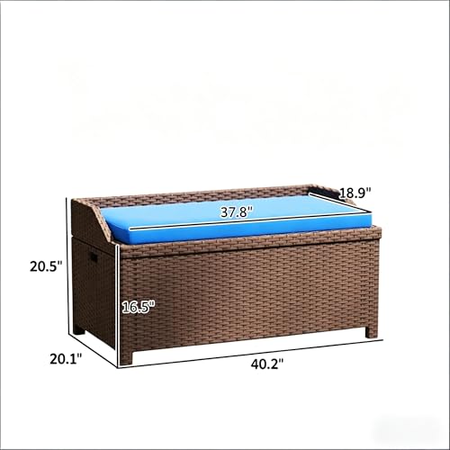 34 Gallon Outdoor Storage Bench, Rattan Wicker Deck Box with Blue Cushion - color: Blue,Coffee
