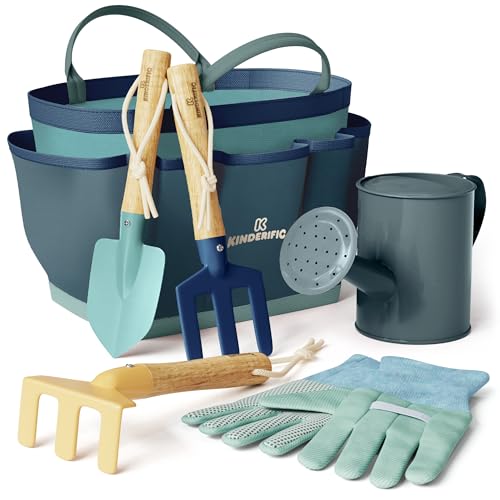 Gardening Set, Tool Kit, for Kids, STEM, Includes Tote Bag, Spade, Watering Can, Rake, Fork, Trowel and Gloves (Ocean Blue) - color: Ocean Blue