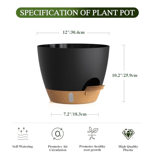 Plant Pots, 1 Pack 12 Inch Self Watering Pots with Drainage Holes, Water Level Indicator Deep Reservoir, Large Planters for Indoor Outdoor Plants - Black Brown - color: Black Brown, size: 12 in 1pcs