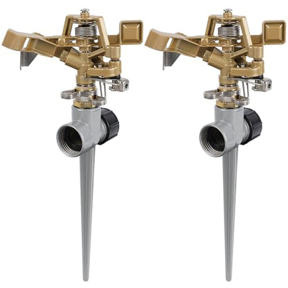 Biswing 2 Pack Impact Sprinklers with Stand (Spike), Heavy Duty Zinc Alloy Lawn Sprinkler Head on Spike Base, Adjustable Watering Sprinkler for Large Area Grass Yards Patio Garden Irrigation - style: With Stake