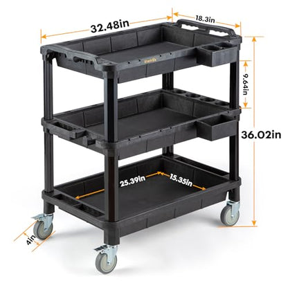 ELAFROS 3-Shelf Heavy Duty Rolling Utility Cart, 32.4 x 18.3 in