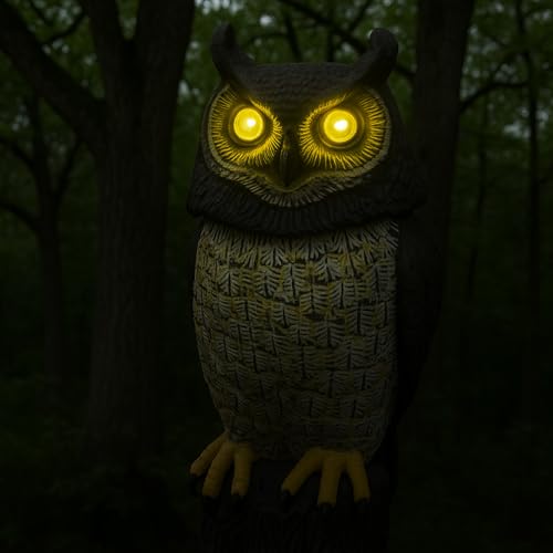 GIFTEXPRESS 1Pcs Solar Power Owl Decoy – 17" Motion Sensor Pest Repellent with Rotating Head, LED Eyes & Sound – Fake Horned Owl for Garden, Yard, Balcony, Farm, Patio, Roof, Lawn- Life Size