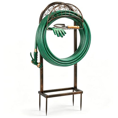 Heavy Duty Garden Hose Holder Stand, Freestanding Detachable with 4 Anchor Spikes, Storage Basket, Rustproof Steel, for Yard Lawn Patio