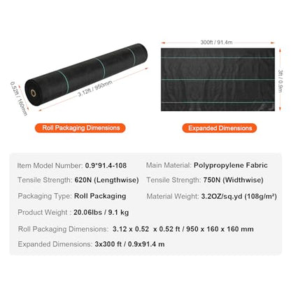 VEVOR Weed Barrier Landscape Fabric, 3x300 FT Heavy Duty Garden Weed Fabric, 3.2Oz Woven Weed Control Fabric, Weed Blocker Mat, Easy Setup, Durable PP Gardening Fabric for Driveway Ground Cover, Black - size: 3FT*300FT-3.2OZ