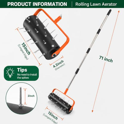 Rolling Lawn Aerator with 42 Spikes 15 Inch Manual Soil Penetrator