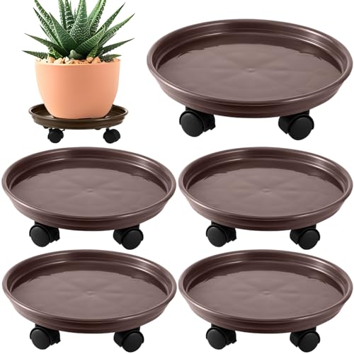 5 Packs Plant Caddy with Wheels 11.8" Plastic Rolling Plant Stands Heavy-Duty Plant Dolly with Casters Indoor Outdoor Wheeled Plant Roller Base Large Planter Saucers Plant Mover - color: Brown, size: 11.8" - 5 packs