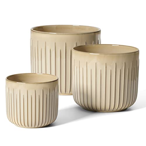 LE TAUCI Ceramic Pots for Plants, 8.3/7/6 Inch Indoor Planters with Drainage Holes & Mesh, Modern Glossy Glaze Cylinder Fluted Plant Pot for Snake Plant, Set of 3, Sand Beige - color: Sand Beige
