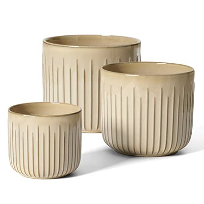 LE TAUCI Ceramic Pots for Plants, 8.3/7/6 Inch Indoor Planters with Drainage Holes & Mesh, Modern Glossy Glaze Cylinder Fluted Plant Pot for Snake Plant, Set of 3, Sand Beige - color: Sand Beige