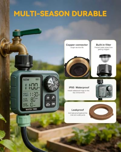 Programmable Water Timer for Garden Hose, Outdoor Sprinkler Timer with Rain Delay & Manual Mode,Inlaid Brass Connector Irrigation Controller for Lawn Yard Landscape, 1 Outlet Large LCD Display