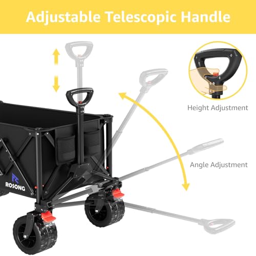 220L Folding Wagon with Detachable 14 Gallon Cooler Bag, Extra Large All-Terrain Heavy Duty Collapsible Beach Wagon Cart with Big Wheels, Foldable Utility Cart for Camping, Tailgate - color: Black, size: 220L