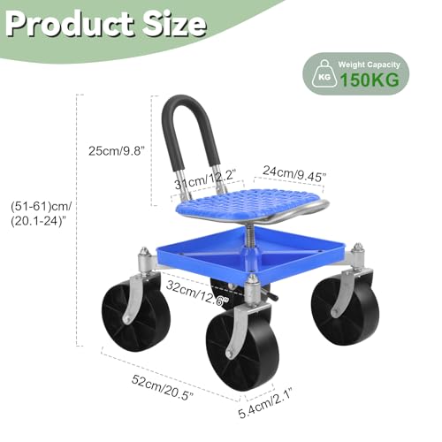 Rolling Garden Seat, Utility Garden Stool with Flat Wheels, Foldable Lazy Seat Stool, Picking Rotary Tool Cart with Storage Shelf, Adjustable Height 360 Degree Swivel (Blue2) - color: Blue2