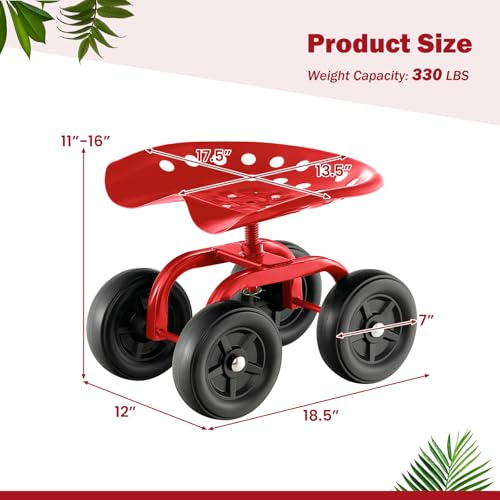 LDAILY Garden Seat with Wheels 11"-16" Adjustable Height for Lawn Planting - color: Red