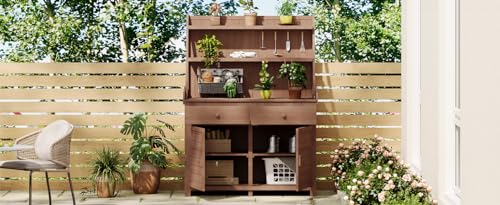Patio Storage Outdoor Cabinet Potting Bench Table with Drawers - color: Brown - 50.00 X 26.00 X 13.00 Inch