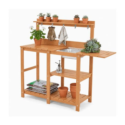 Potting Bench,Outdoor Potting Bench Table with Metal Sink,Expandable Tabletop - color: Teak