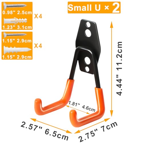KURUI Heavy Duty Wall Hook for Hanging, 2 Pack Garage Tool Organizer Wall Mount, Metal Garage Storage Hooks for Ladder,Extension,Garden Tool, Small Utility Hook, Hose Holder for Outdoor and Indoors - size: 2.8 Inch