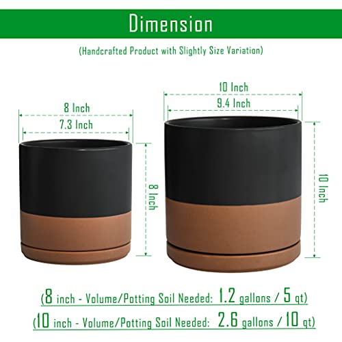 D'vine Dev 2-Pack Ceramic Pots with Saucers, 8/10 in, Black/Tan, 94-G-L-7 - color: Black/Speckled Tan, size: Large