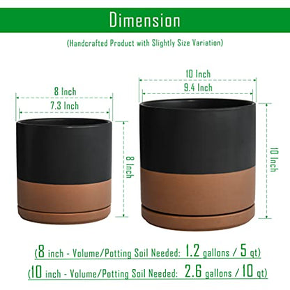 D'vine Dev 2-Pack Ceramic Pots with Saucers, 8/10 in, Black/Tan, 94-G-L-7 - color: Black/Speckled Tan, size: Large