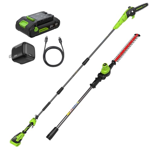 Greenworks 24V 8 in Pole Saw Hedge Trimmer Kit, 2.0 Ah Battery and Charger - size: 8" Combo (2.0Ah), style: 3-Section Polesaw