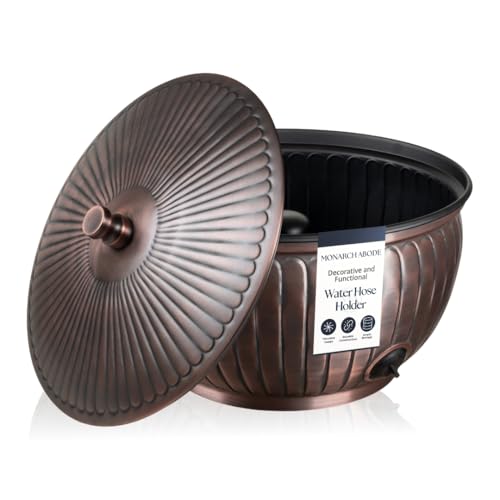 Monarch Abode Garden Hose Holder with Lid – Decorative Water Hose Holders for Outside, Arch Embossed Metal Antique Copper Pot with Drainage, 100ft Waterhose Holder for Outside, Garden Storage Caddy - color: Antique Copper Finish
