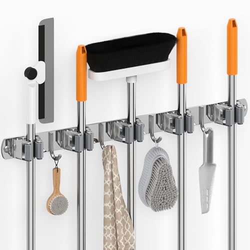 5 Grippers Broom Holder Wall Mount with 4 Hooks Stainless Steel, Silver - color: A-Silver, size: 5PCS Gripper