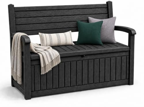 EasyUp 100 Gallon Wood-Grain Storage Bench, Waterproof & Lockable，Black - color: Black, size: 100 Gallon