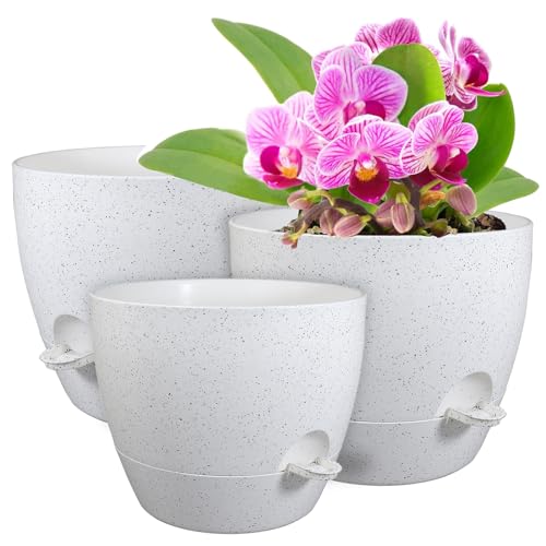WSMKSZ 12/10/9 inch Self Watering Pots for Indoor Outdoor Plants, Set of 3 - color: Speckled White, size: 12"+10"+9"