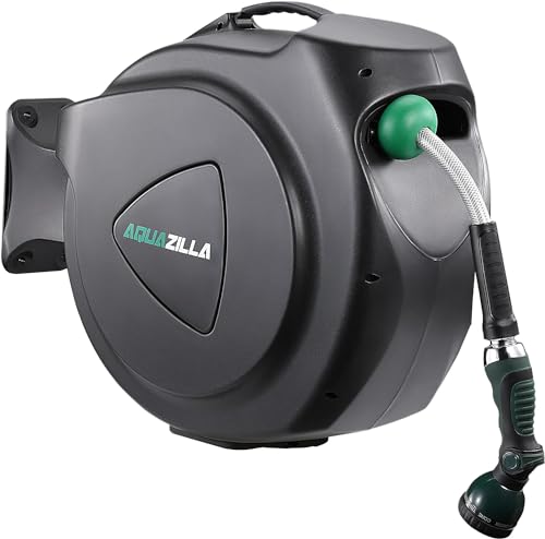 Retractable Garden Hose Reel, 100Ft x 5/8" Durable Wall Mounted Water Hose Reel with 180° Swivel Bracket, 9 Pattern Sprayer, 6Ft leader hose,Smooth Automatic Rewind, Any Length Lock. - size: 100Ft x 5/8"