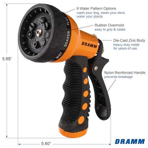 Dramm Revolver Heavy Duty Metal Garden Hose Nozzle – 9 Spray Patterns, High Pressure Jet, Thumb-Control Flow, Ergonomic Grip – Orange - color: Orange, size: No Size (Single), style: 9-Pattern Revolver