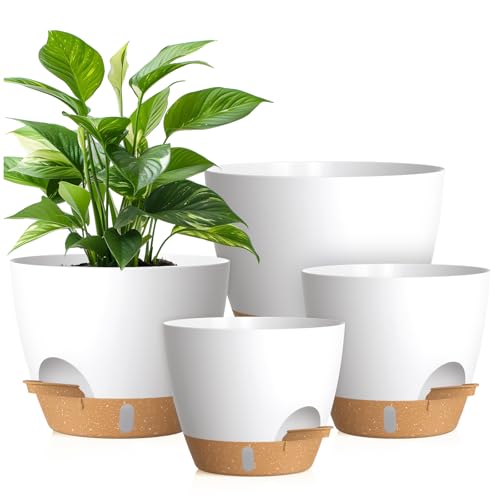 Plant Pots, 4 Pack 12/10/9/8 Inch Self Watering Pots with Drainage Holes, Water Level Indicator Deep Reservoir, Large Planters for Indoor Outdoor Plants - White Brown - color: White Brown, size: 12+10+9+8 inch Set