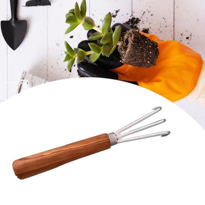 3-Prong Hand Rake Cultivator, Metal and Wood Hand Tiller for Weeding, Digging and Loosening Soil, Dark Brown