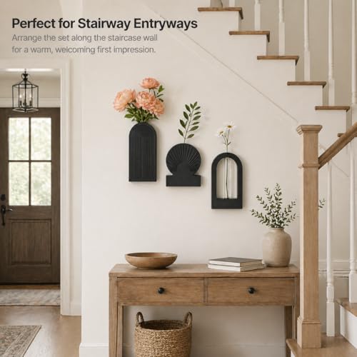 TBWIND Black Wooden Wall Vases Set of 3, Wall Planters with Glass Tube Kit - color: Black