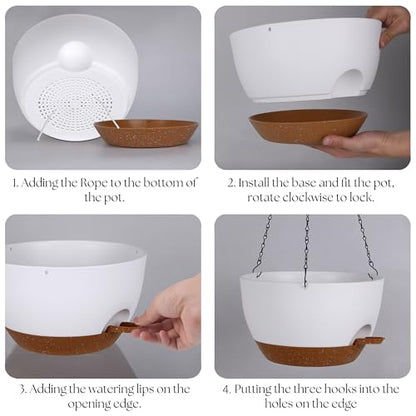 TYMENSH Hanging Plant Pots 12 Inch Set of 2, Self Watering, Drainage Holes, Removable Saucer, Durable Plastic with Chains, Indoor Outdoor, White - color: White