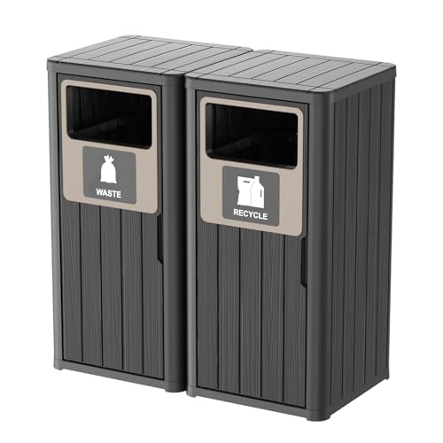 PatioZen Outdoor Double Barrel Trash Can,Waterproof Resin Garbage Can with Garbage Labels,Durable Waste Bin for Porch, Backyard,Kitchen,for 30 to 39 Gallon Trash Bags - color: Black, size: 33*16*35