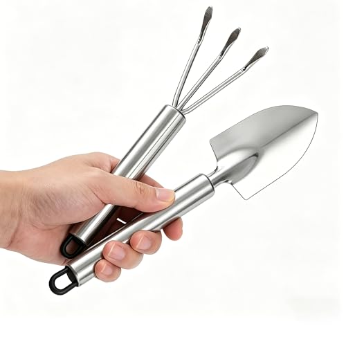 Garden Trowel, Mini Stainless Steel Hand Shovel Garden Rake 2 Pack - color: Mini Silver