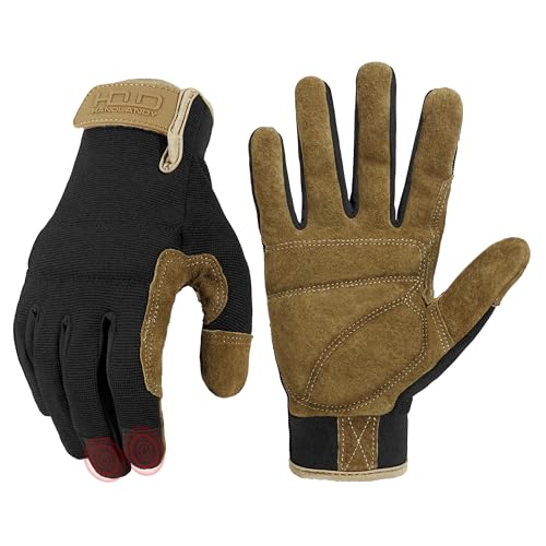 HANDLANDY Work Gloves for Men & Women, Utility Mechanic Working Gloves Touch Screen, Flexible Gardening Gloves for Yard - color: Brown Black (1 Pair), size: Large