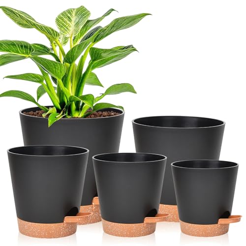 Vanslogreen Planters for Indoor Plants 7/6.5/6/5.5/5 Inch, Self Watering Flower Pots with Drainage Holes and Saucers 5 Pack Plastic Pots for Plants, Succulents, Herbs, Cactus, Flower, Black - color: Black-pack of 5, size: 5PCS|7+6.5+6+5.5+5